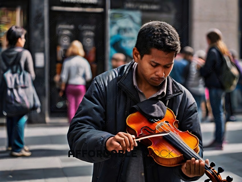A man playing a violin on a street corner