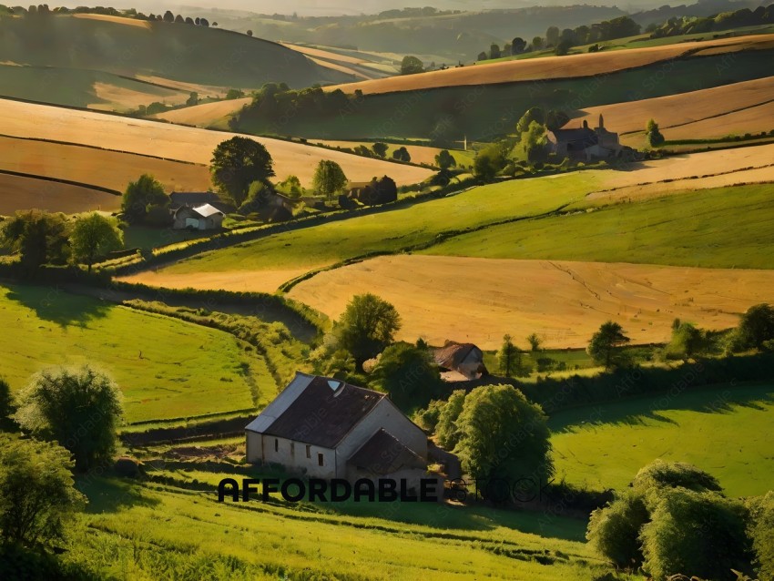 A farmhouse in a valley with a green pasture
