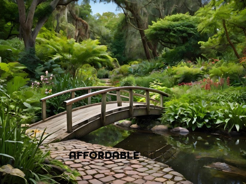 A bridge over a pond with plants and flowers