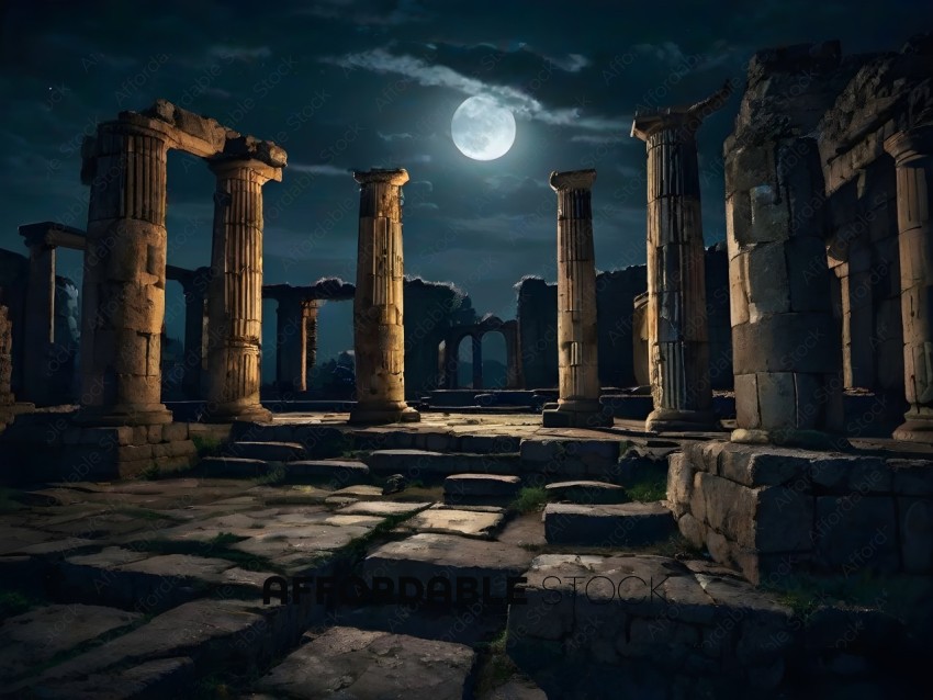 Ancient ruins at night with a full moon