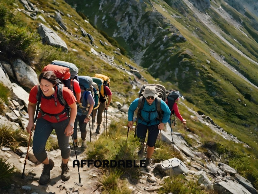 Hikers with backpacks climb a steep hill