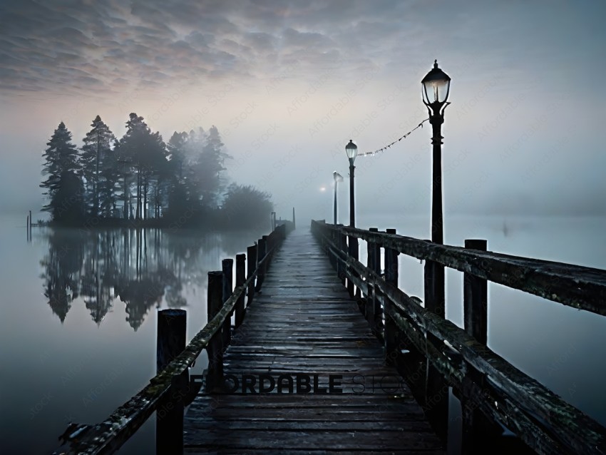 A foggy pier with a light on it