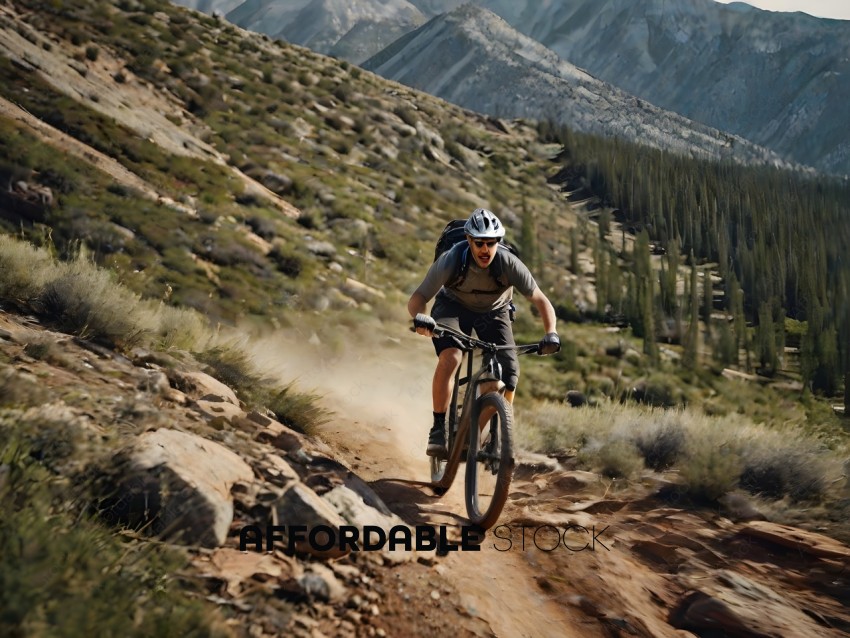 Man riding bike on dirt path in mountainous terrain