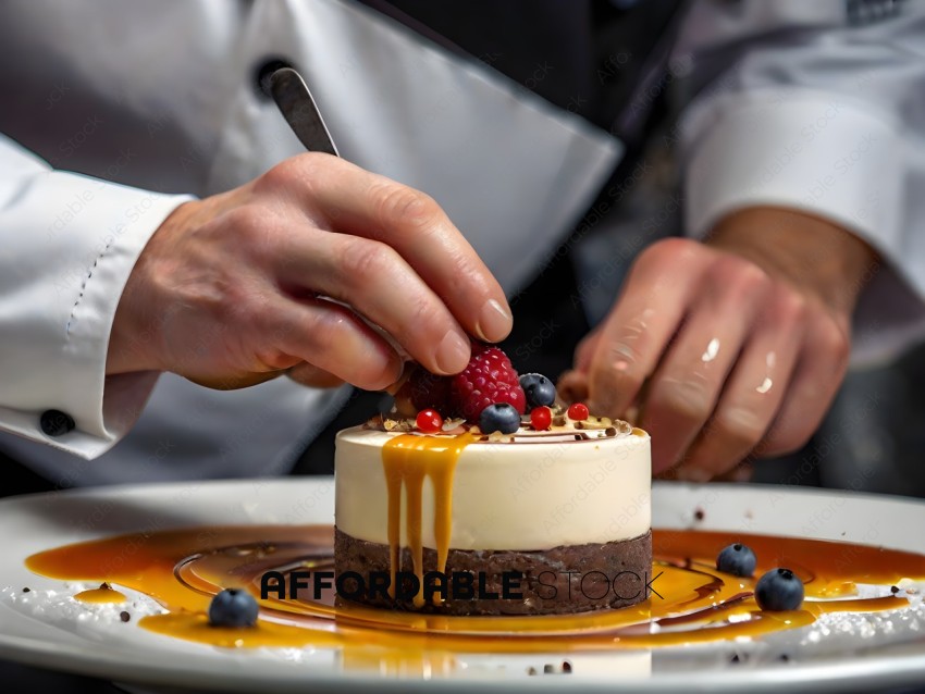A chef is cutting a dessert with a knife and a raspberry