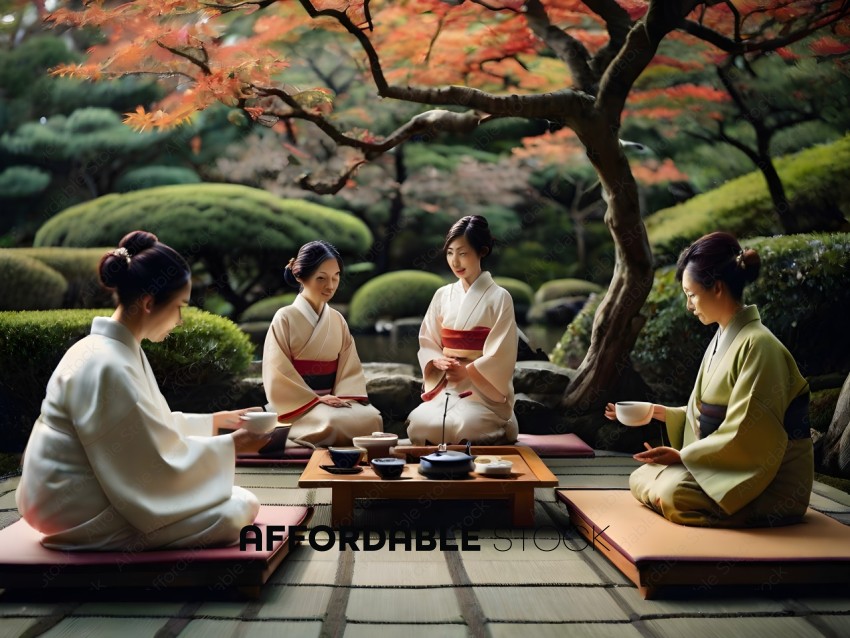 Four Asian women sitting in a circle, drinking tea