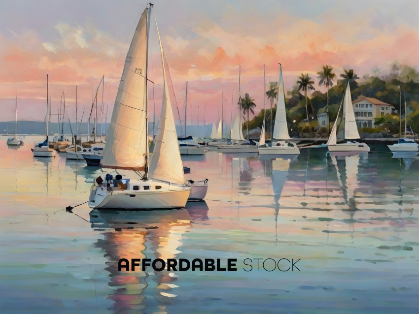 Sailboats in the harbor at sunset
