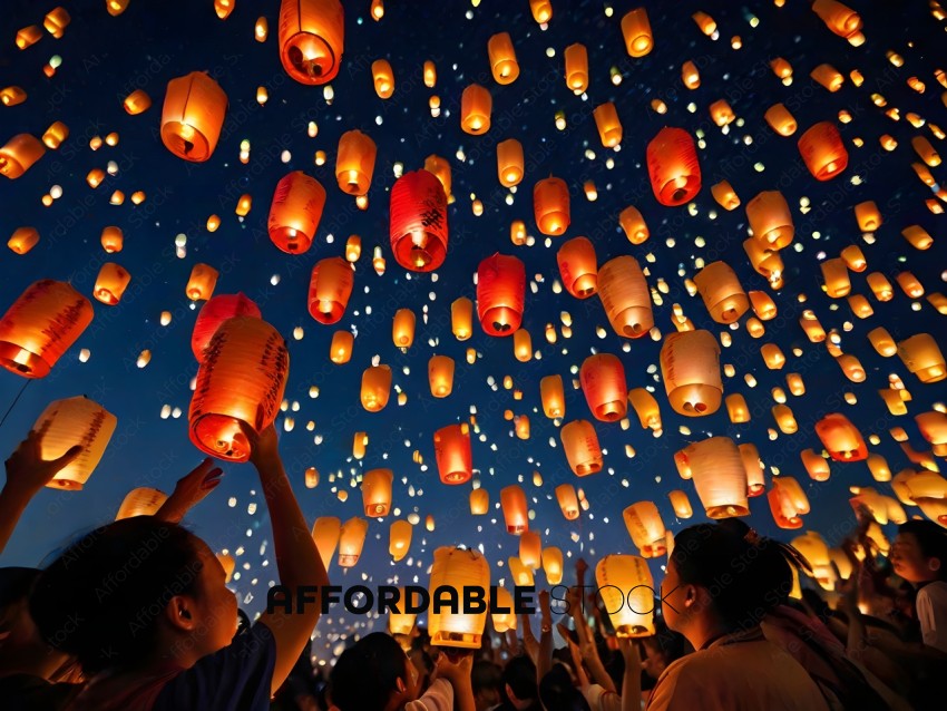 A group of people are holding up lanterns in the sky