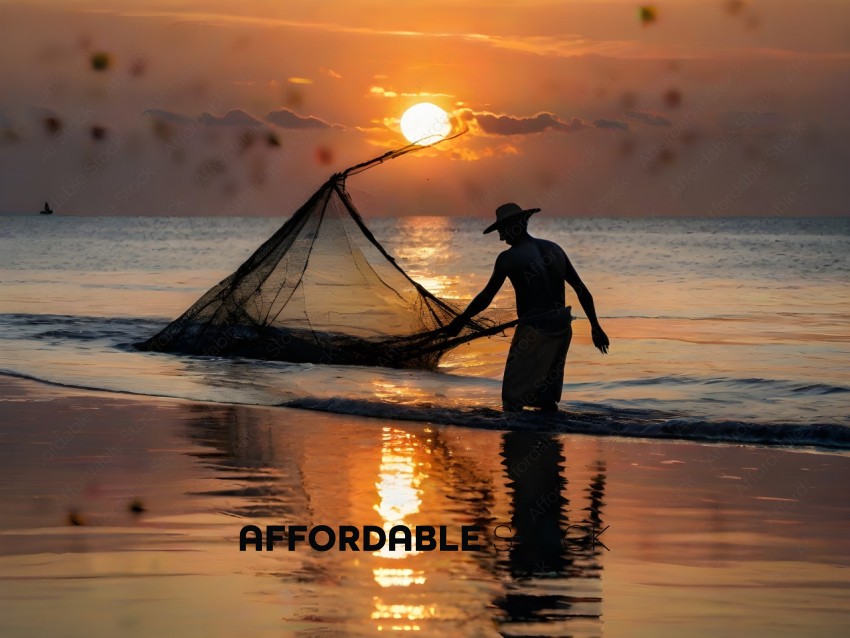 A man fishing at sunset