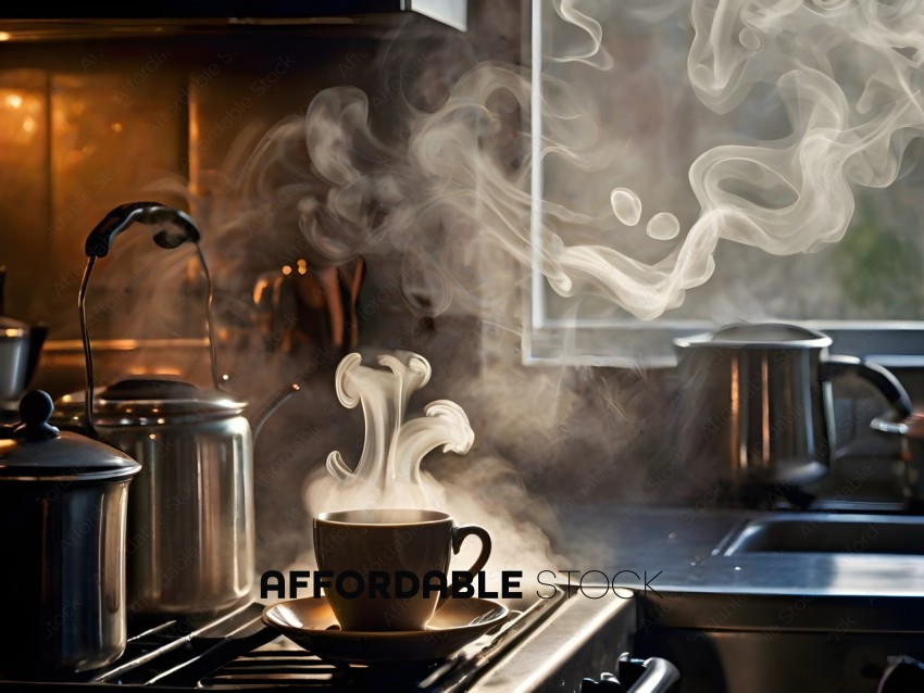 A cup of coffee steaming on a stove