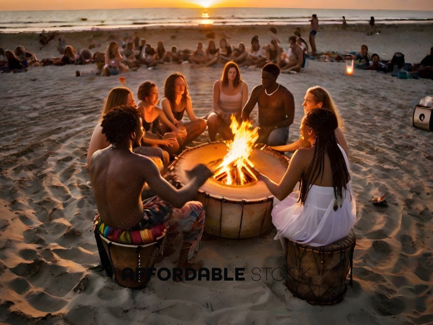 A group of people sitting around a fire on the beach