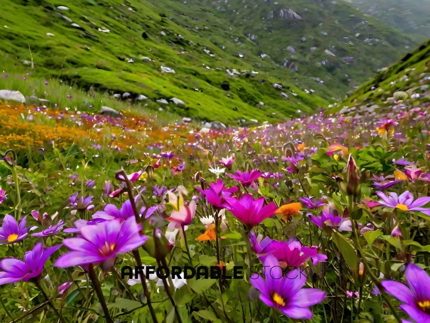 A field of flowers with purple and orange flowers