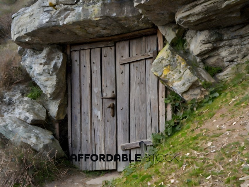 A wooden door with a handle on a rock wall