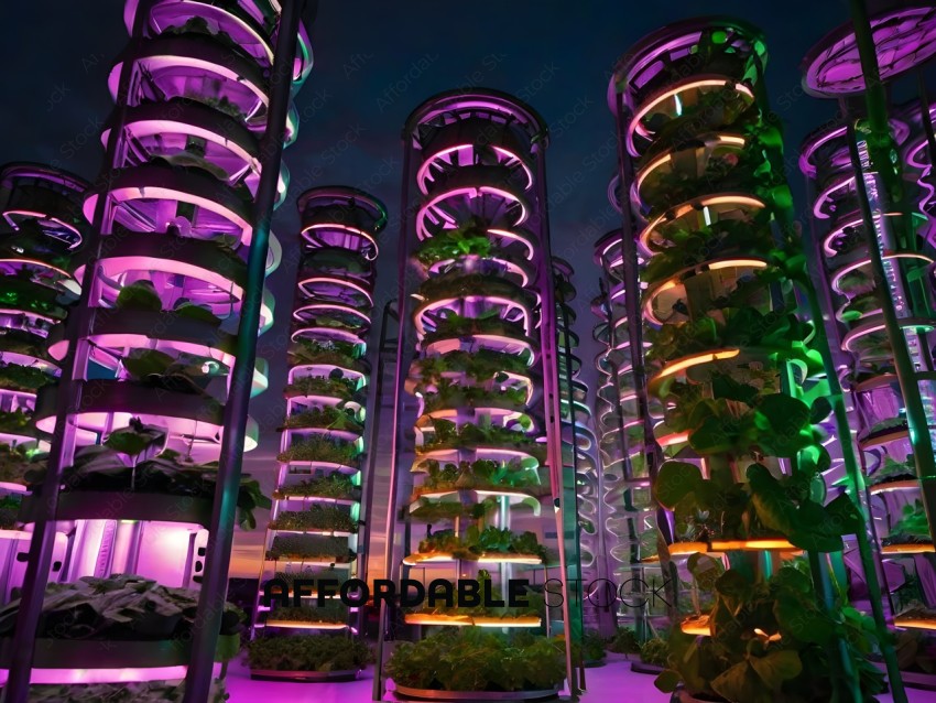 A series of green plants in a greenhouse with purple lights