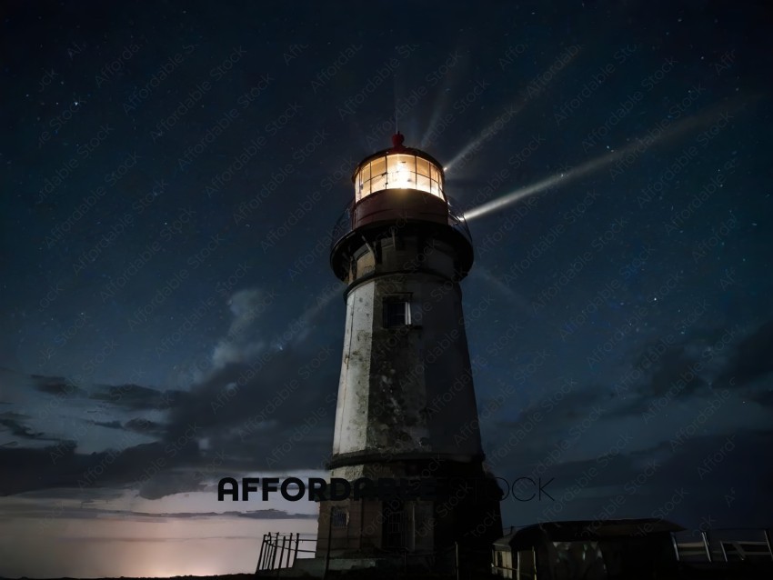 A Lighthouse at Night with a Beam of Light