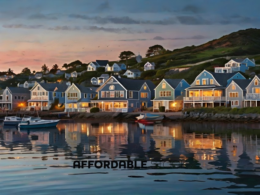 Houses on the water with a sunset in the background