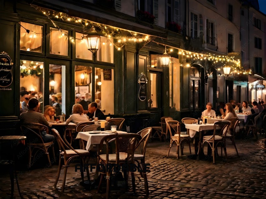 A group of people dining outside at night