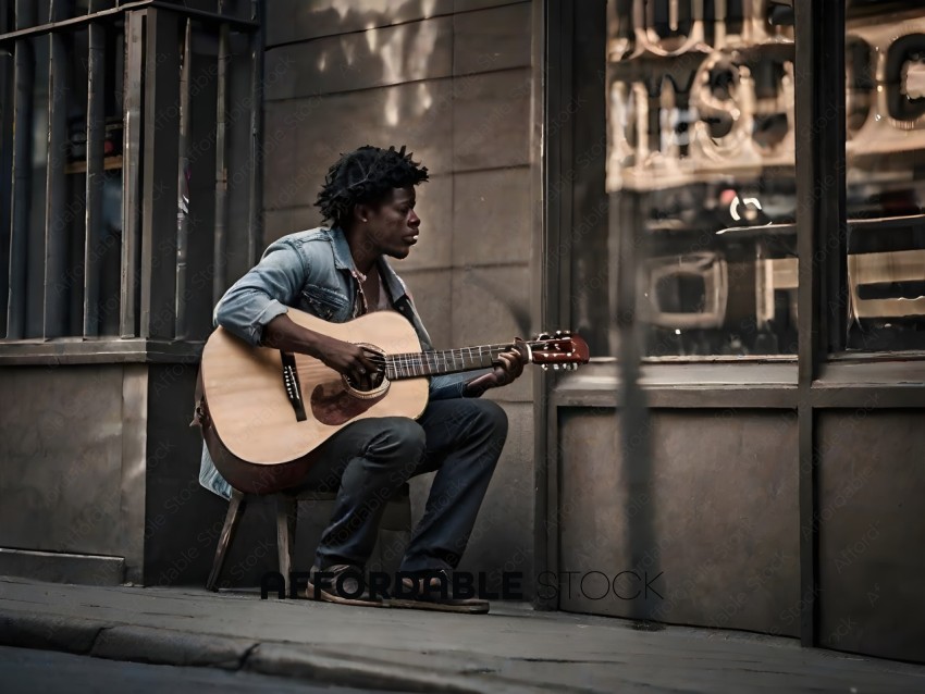 A man playing guitar on a sidewalk