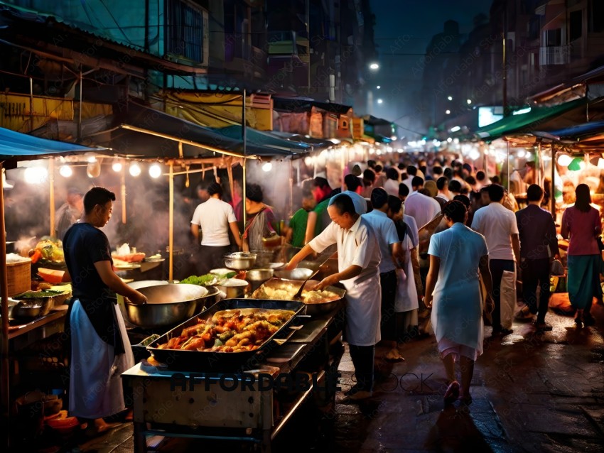 A crowded outdoor food market at night