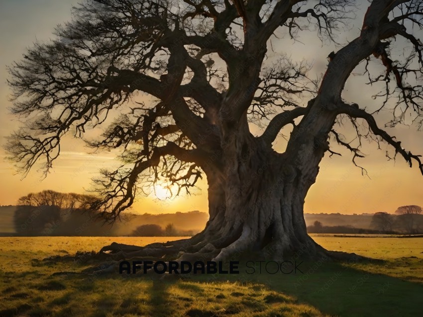 A large tree with a sunset in the background