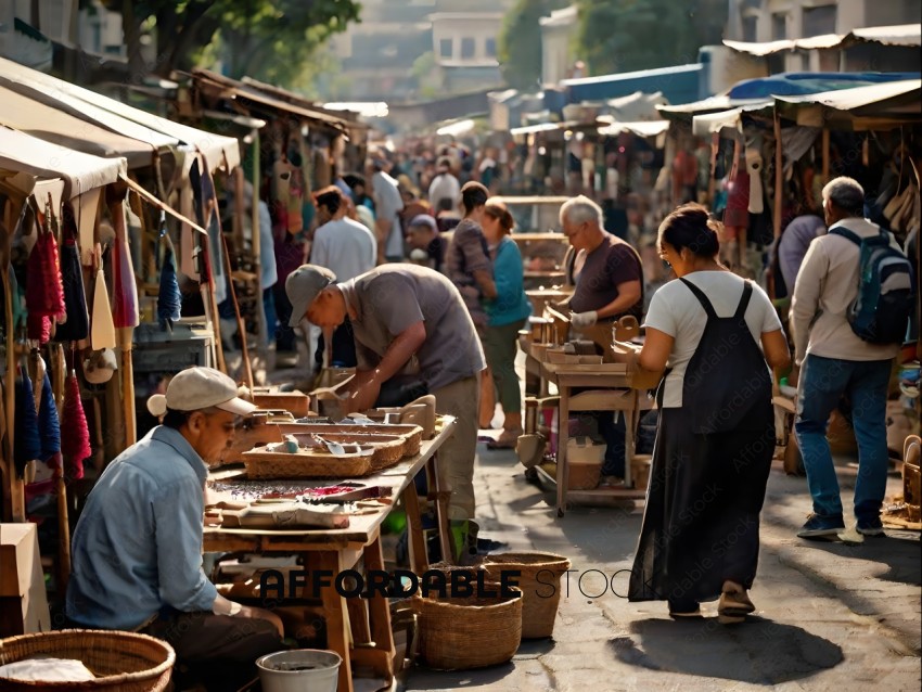 A busy marketplace with people shopping and selling