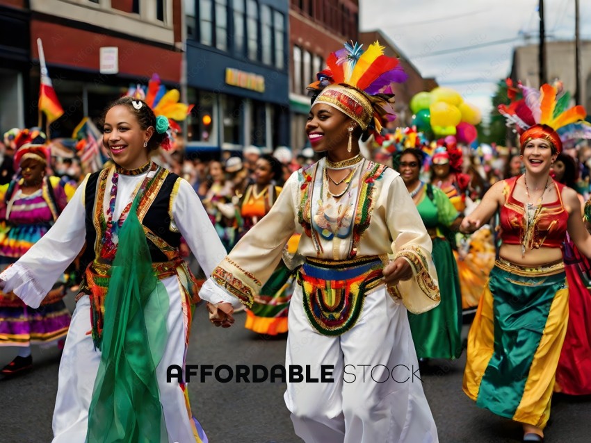 A group of people in colorful costumes are walking down a street
