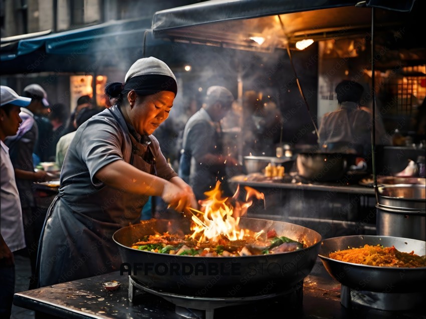 A chef cooking a meal in a large wok