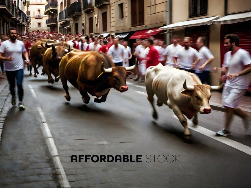 Bulls running down a street with people