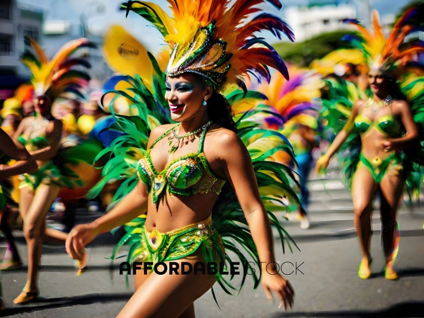 A woman in a colorful costume is dancing in a parade