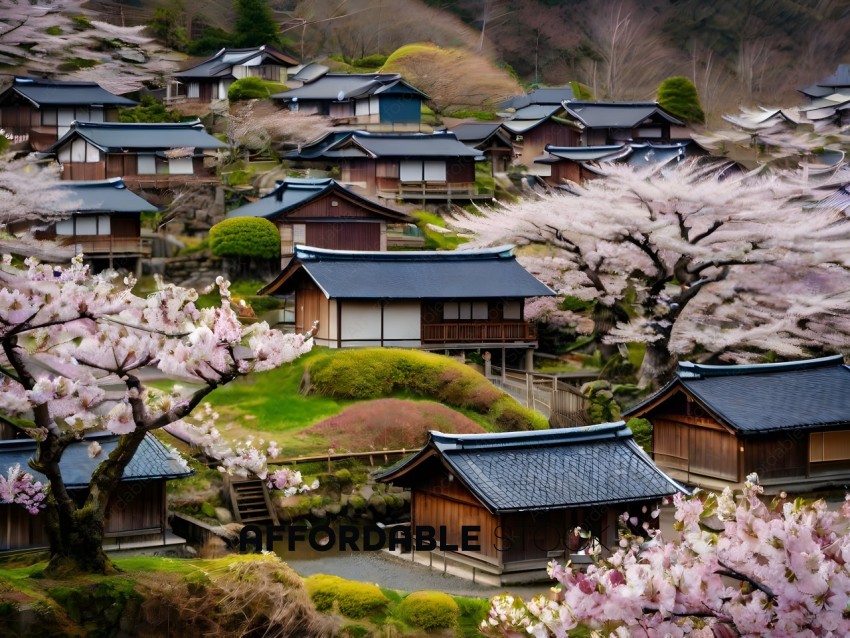 A village of houses with cherry blossoms