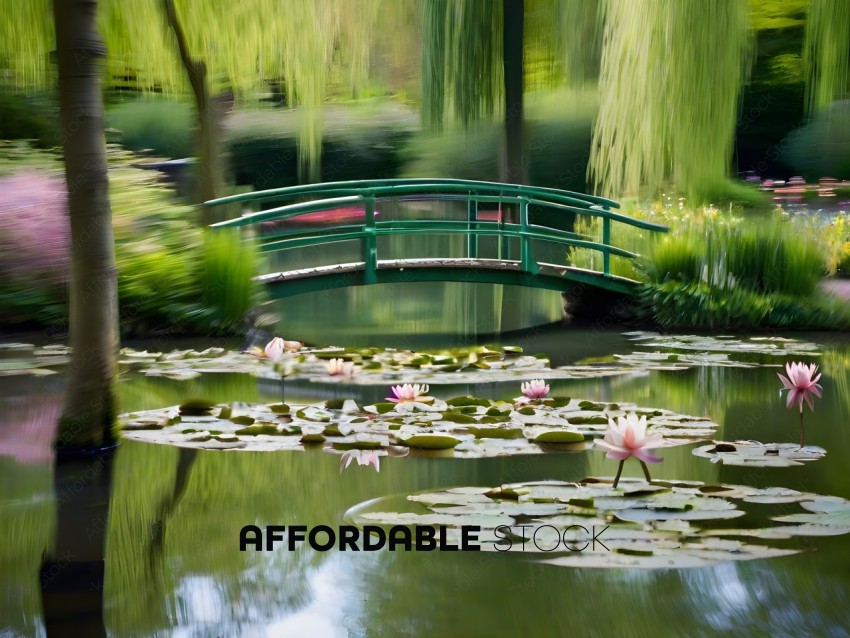 A bridge over a pond with water lilies