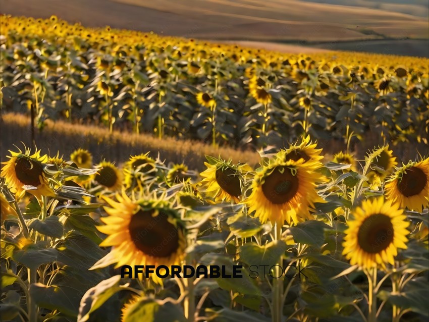 Sunflowers in a field with a yellow sky