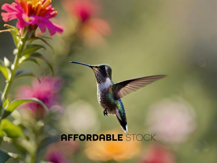 Hummingbird in flight, hovering over flowers