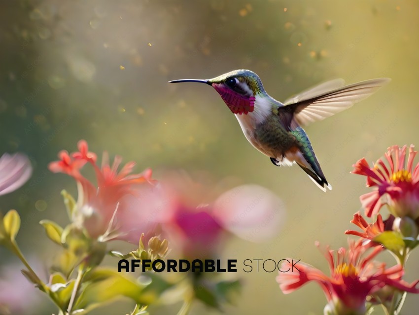 A hummingbird in flight with a flower in the foreground