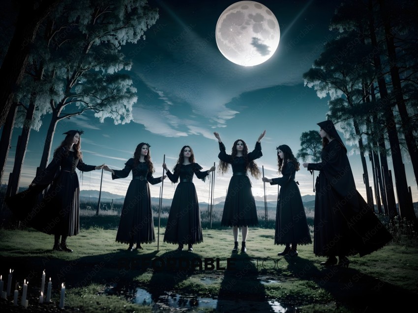 A group of women in long black dresses are standing in a circle under a full moon