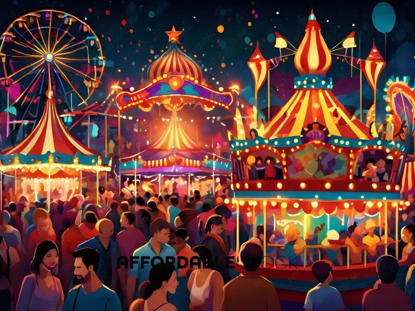 Crowd at a carnival with a Ferris wheel and a circus tent