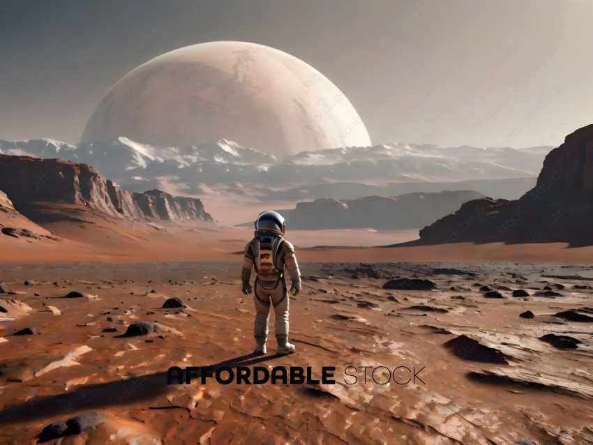 Astronaut standing on a barren planet with a large planet in the background