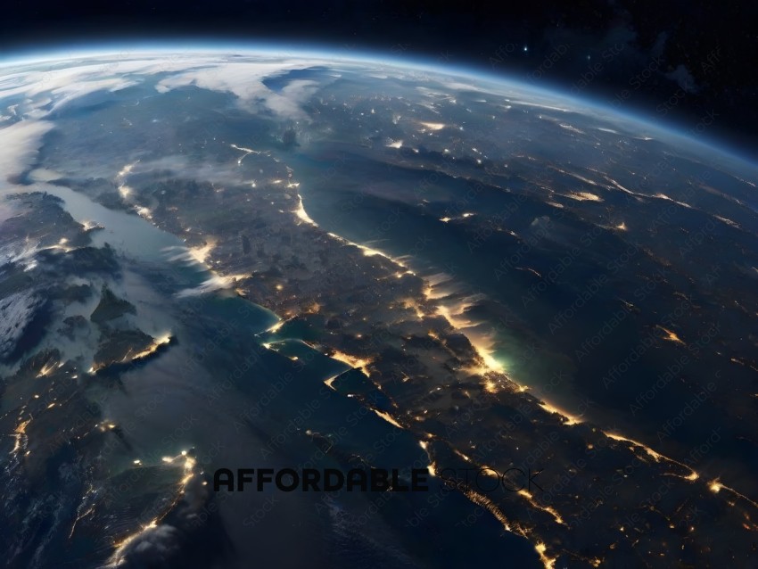A view of the earth at night with a lit up coastline