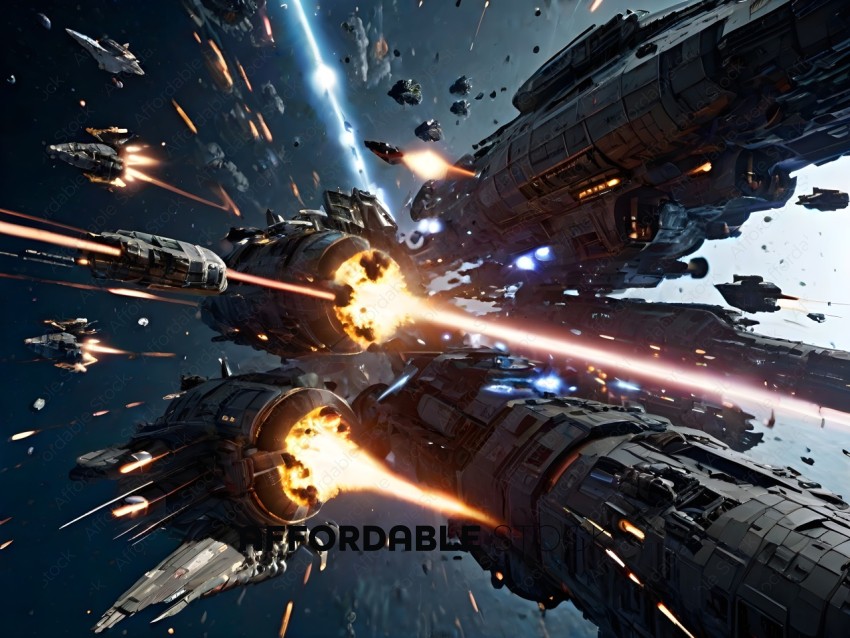 A spaceship battle with explosions and lasers