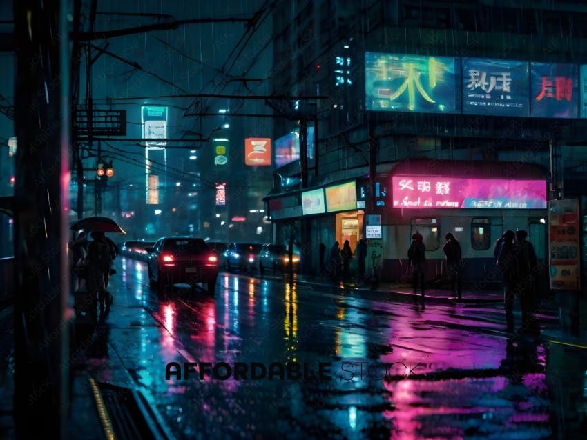 People walking in the rain on a city street at night