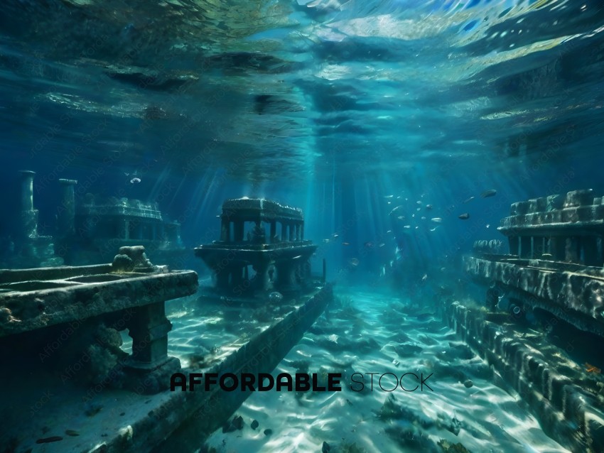 An underwater view of a city with a sun shining through