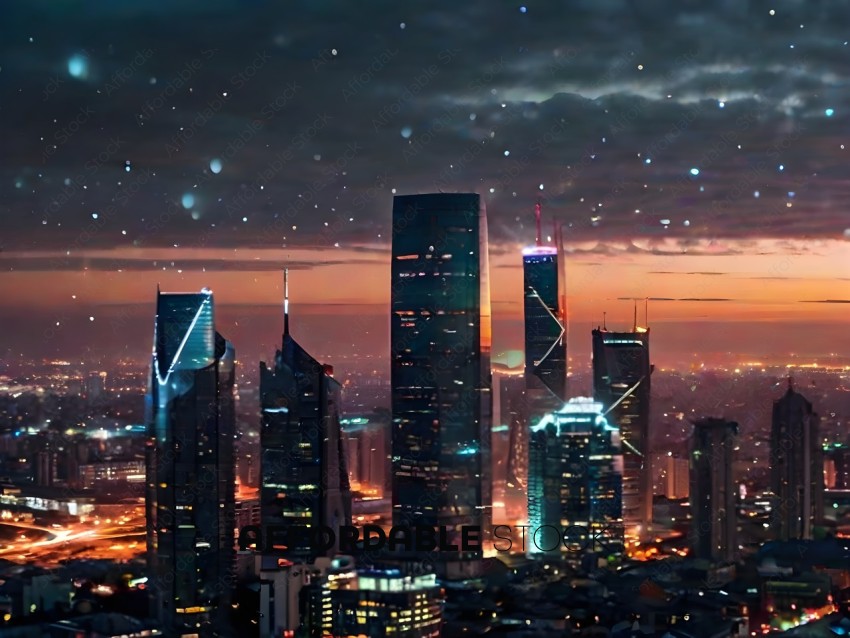 A cityscape at night with a sky full of stars