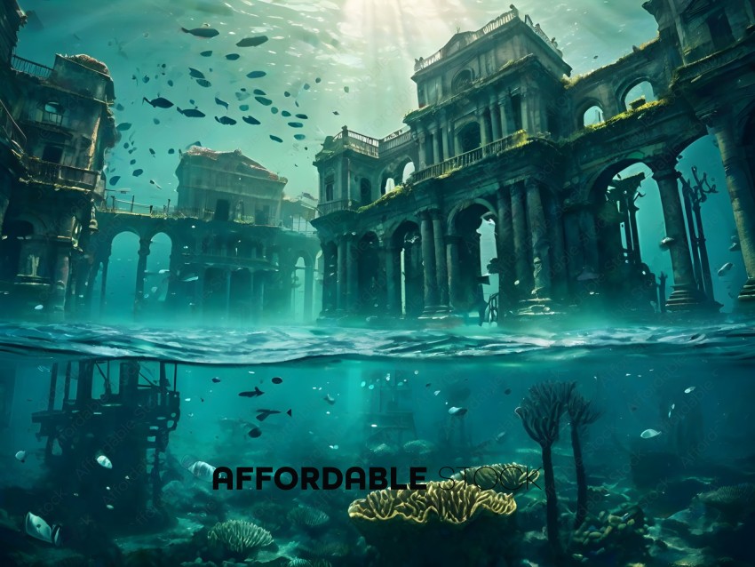 An underwater view of a city with coral and fish