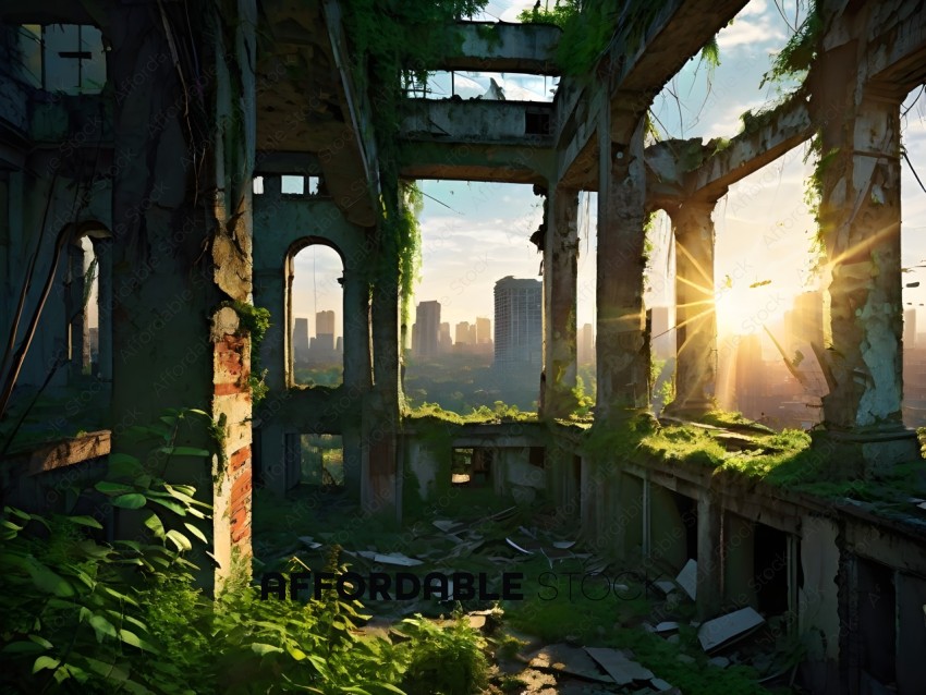 A ruined building with a sunset in the background