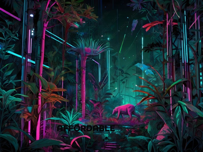 A colorful, pink and green, digital illustration of a forest with a glowing, pink and green sky