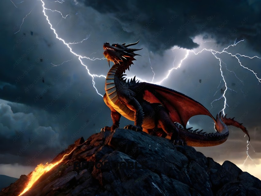 A dragon sits on a rock in a storm