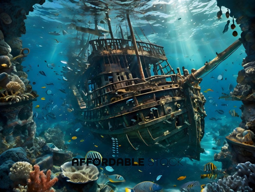 A sunken ship with a lot of fish