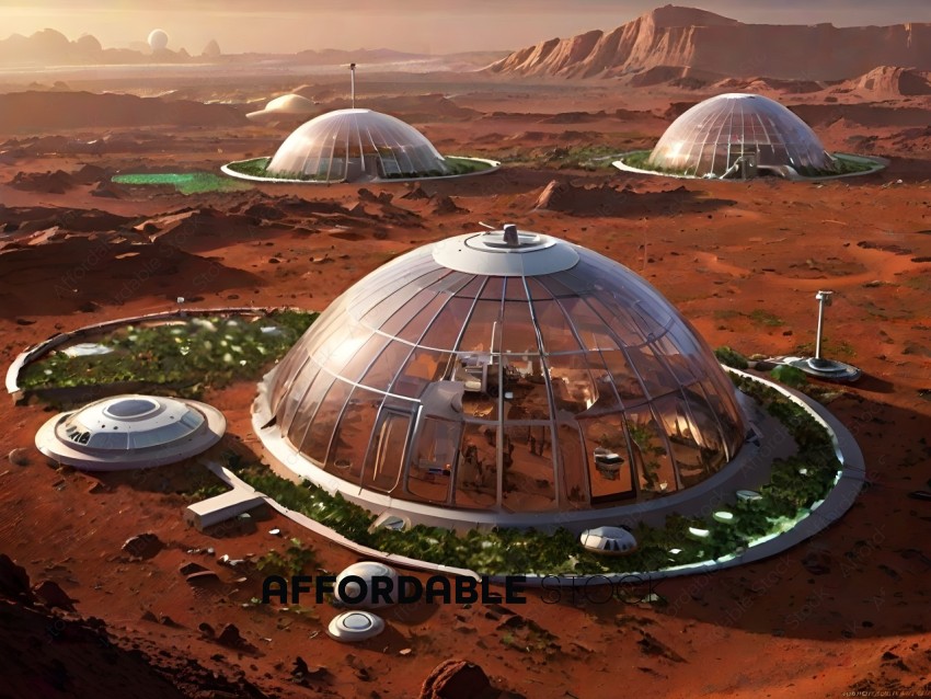 A futuristic city with a desert landscape and large domes