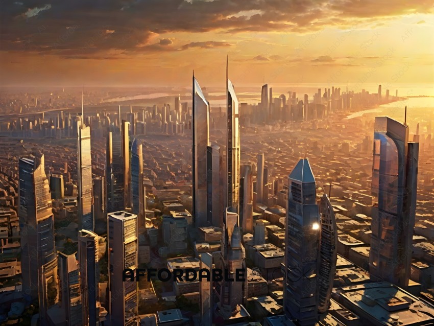 A cityscape with a skyline of skyscrapers