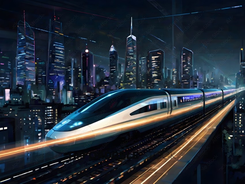 A futuristic cityscape with a train in motion