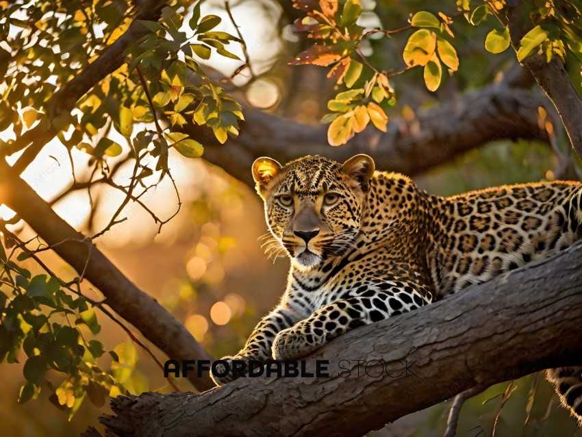 A leopard lays on a tree branch in the sun